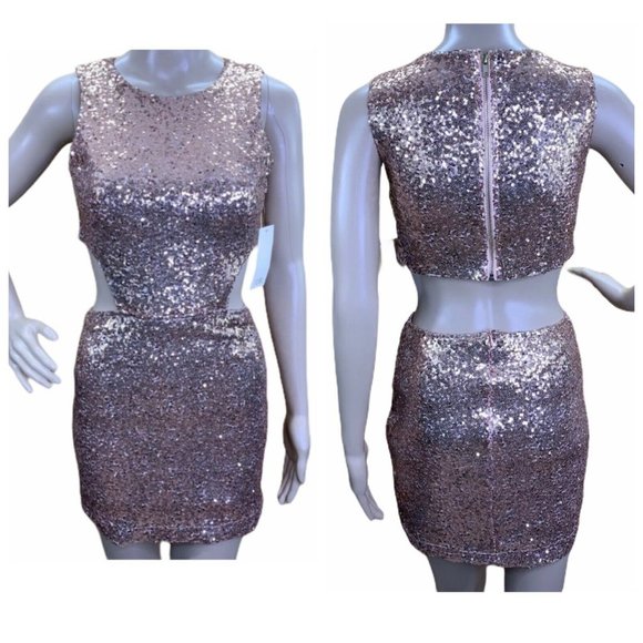 TOBI Rose Gold Dress Sequin Cut Out Mini Dress - Picture 1 of 12